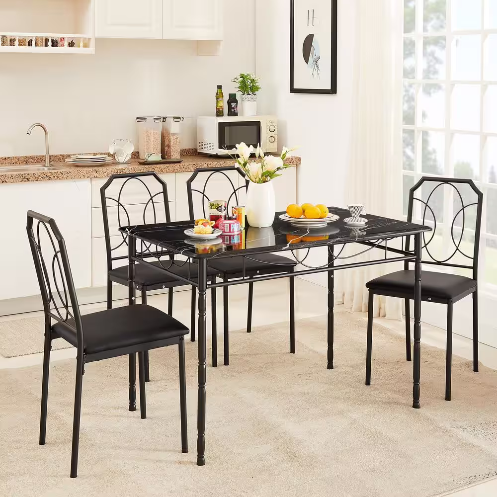 VECELO Kitchen Table Set For 4ï¼?3.3in. L, Black Rectangle Table Set 29.9in.H, Wooden Marble Texture Accent Table With 4 Chairs