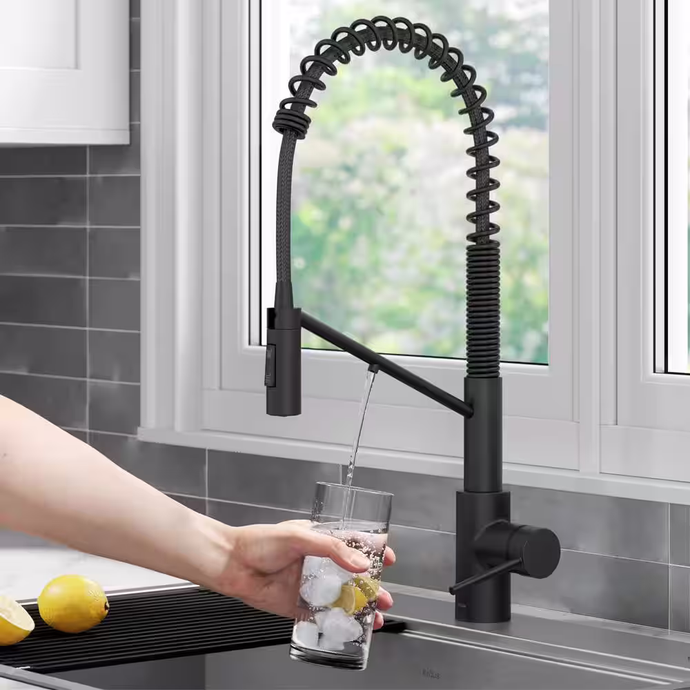 KRAUS Oletto Pull-Down Single Handle Filter Kitchen Faucet in Matte Black with Purita 2-Stage Under-Sink Filtration System