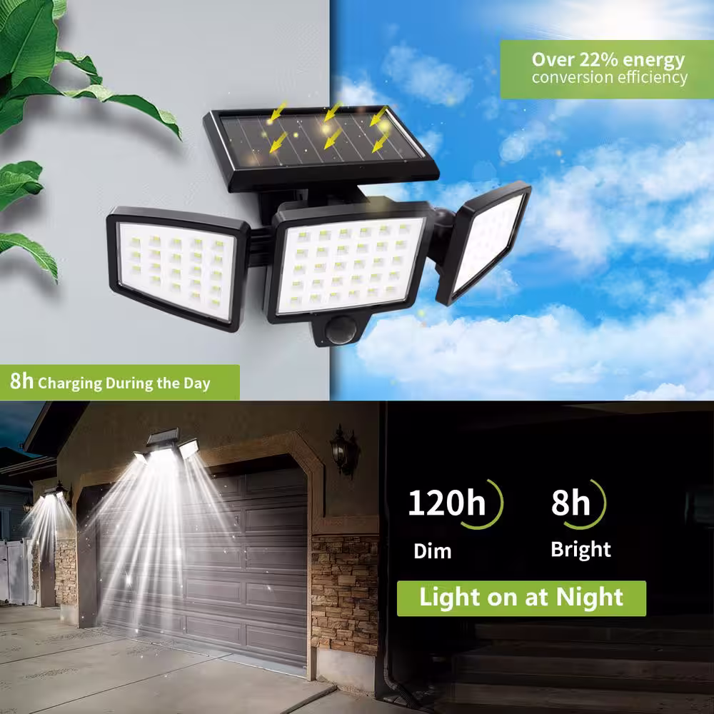 Pinegreen Lighting 3-Head 8-Watt Integrated LED Black color 120-Degree Solar Motion Activated Area Light