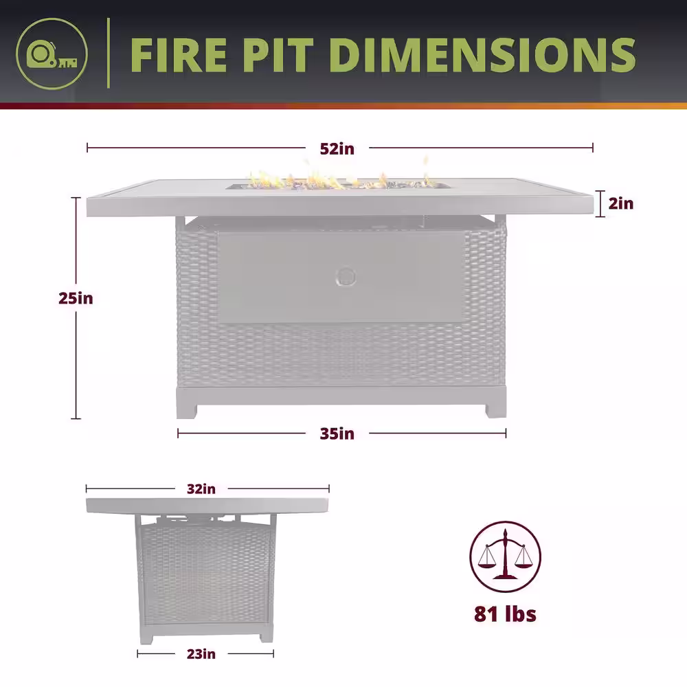 None Brown 52 in. 50000 BTU Rectangular Rattan Wicker Propane Outdoor Fire Pit Table