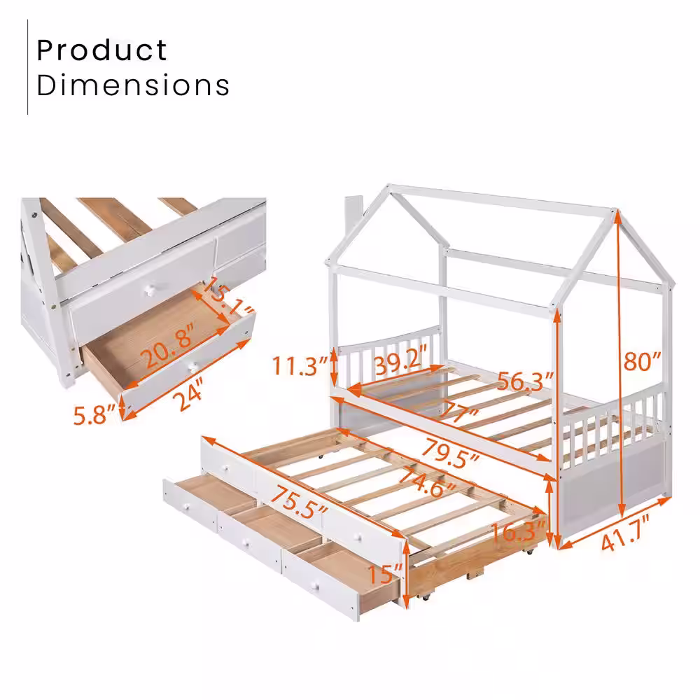 None Tucker White Twin Size House-Shaped Bed with Trundle and Drawers