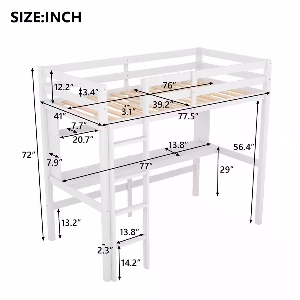 Harper & Bright Designs White Twin Size Loft Bed with Convenient Desk and Shelves