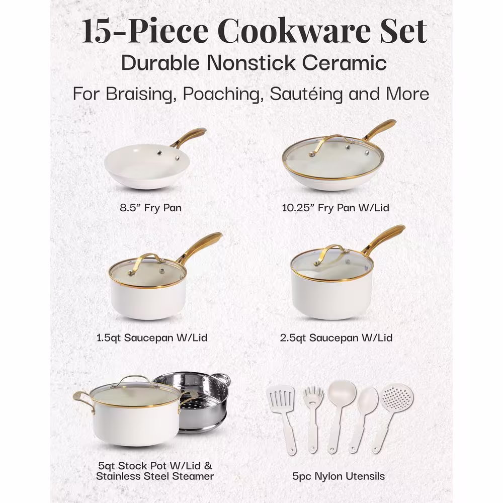 Gotham Steel Natural Collection 15-Piece Aluminum Ultra Performance Ceramic Nonstick Cookware Set in Cream with Gold Handles