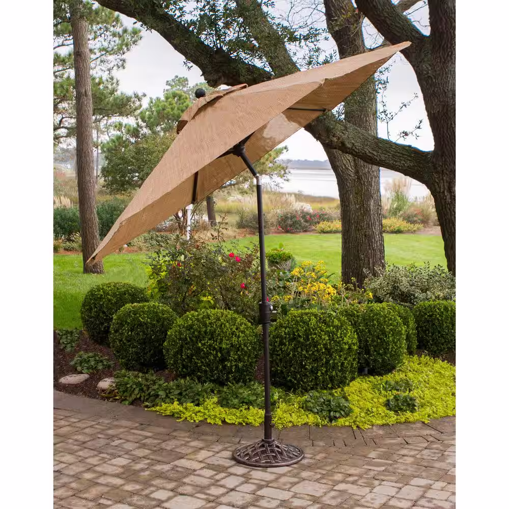 Hanover Manor 7-Piece Aluminum Rectangular Outdoor Dining Set with Swivels, Cast-Top Table, Umbrella and Base