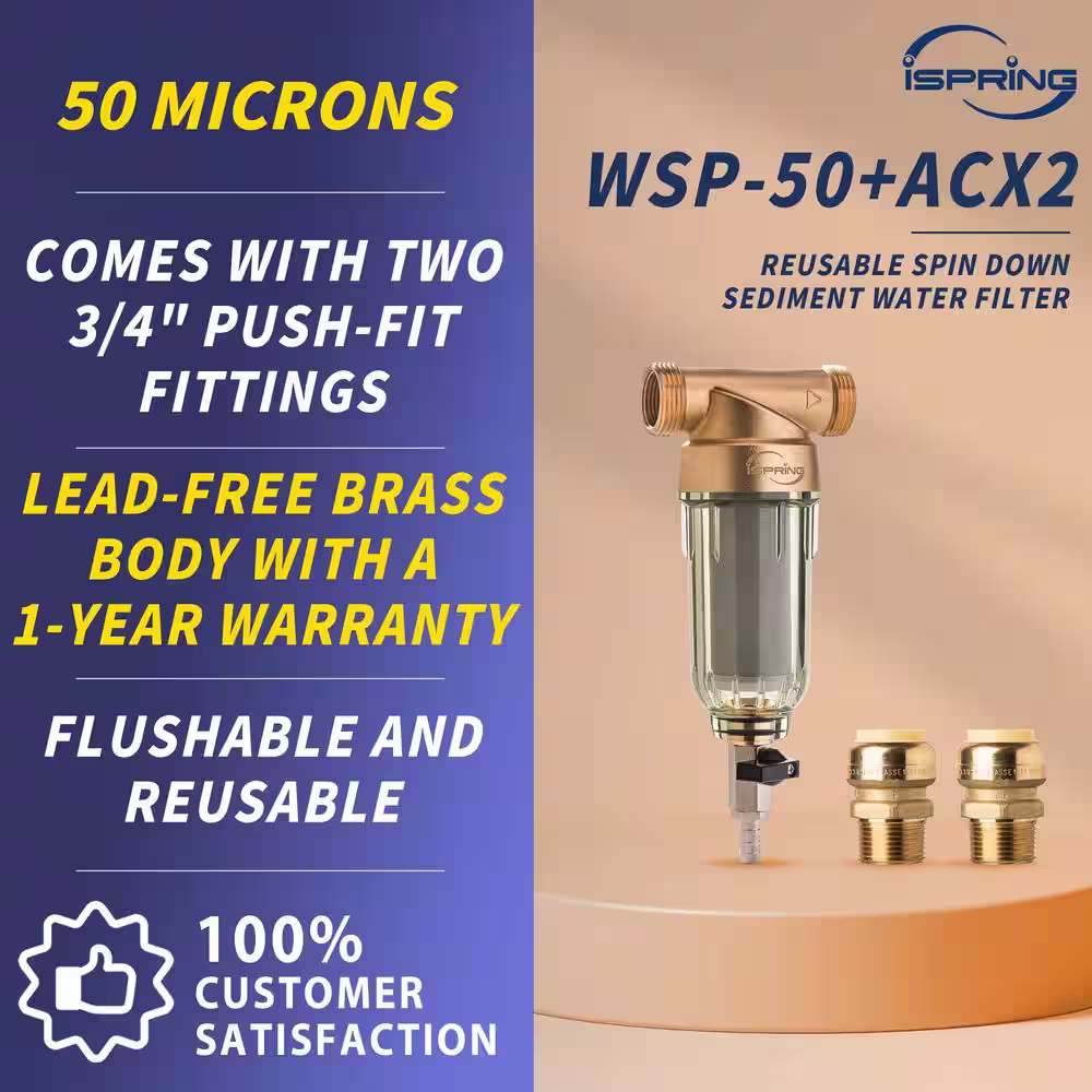 ISPRING WSP-50SL Reusable Spin Down Sediment Filter with Siliphos and Push-Fit Plumbing Fittings 20 GPM 1 in. MNPT 3/4 in. FNPT