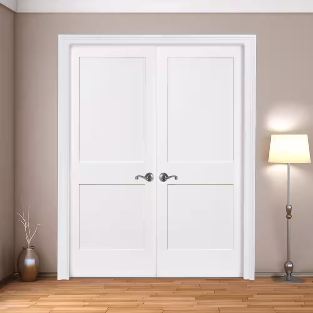 Steves & Sons 60 in. x 80 in. 2-Panel Square Shaker White Primed Universal SC Wood Double Prehung Interior Door with Bronze Hinges