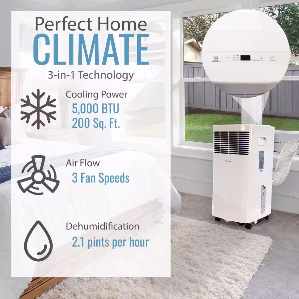Keystone 9000 BTU (ASHRAE) 5000 BTU (DOE) Portable Air Conditioner w/ Remote 200 Sq.Ft. LED Display, Timer, Wheels in in White