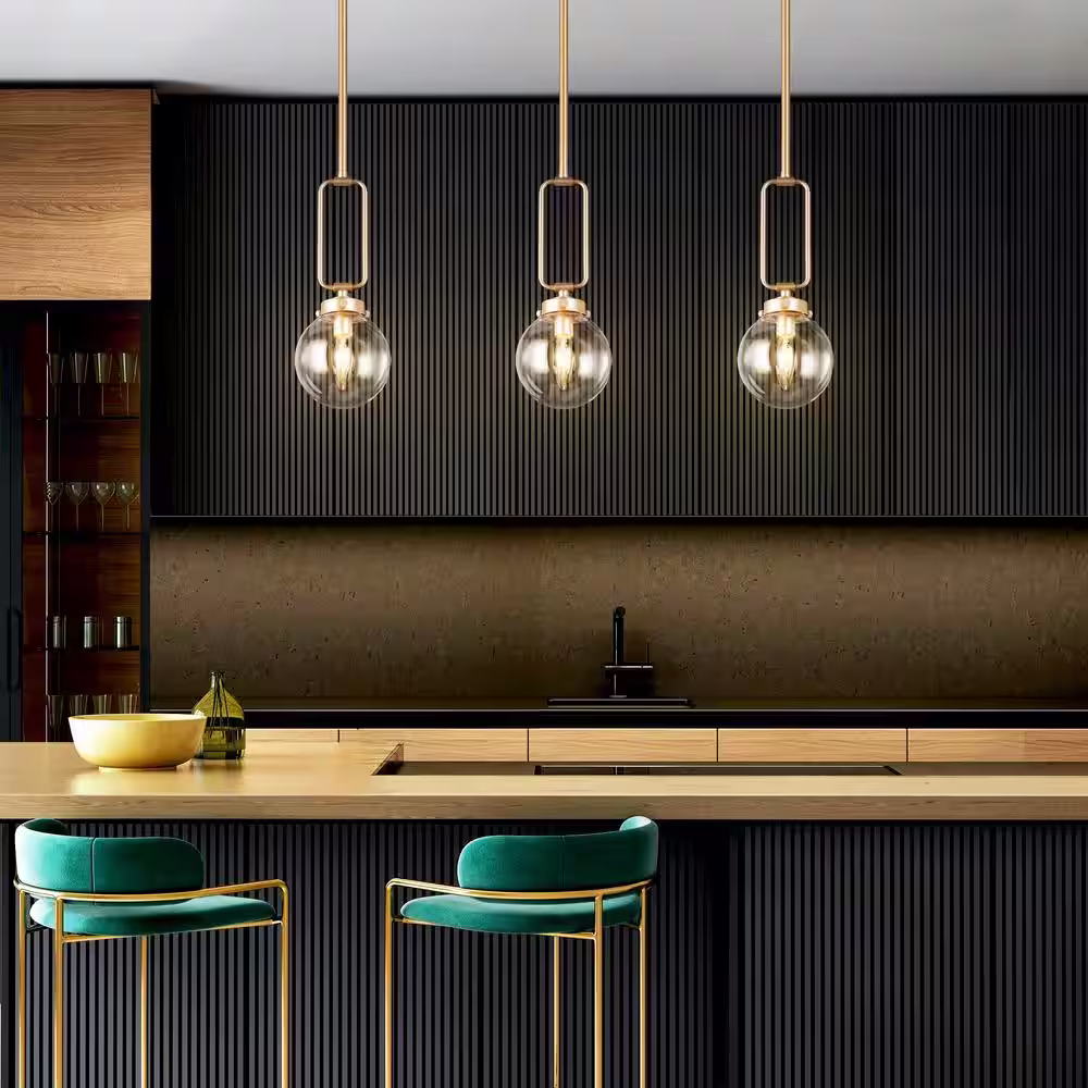 Uolfin Modern Globe Island Pendant Light Naomi 1-Light Brass Gold Round Chandelier Pendant Light with Clear Glass Shade