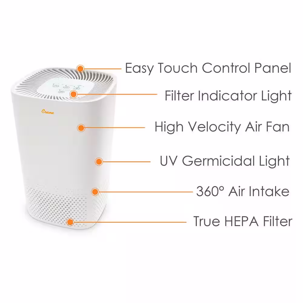 Crane True HEPA Air Purifier with Germicidal UV Light for Small to Medium Rooms up to 250 sq.ft. - Standard