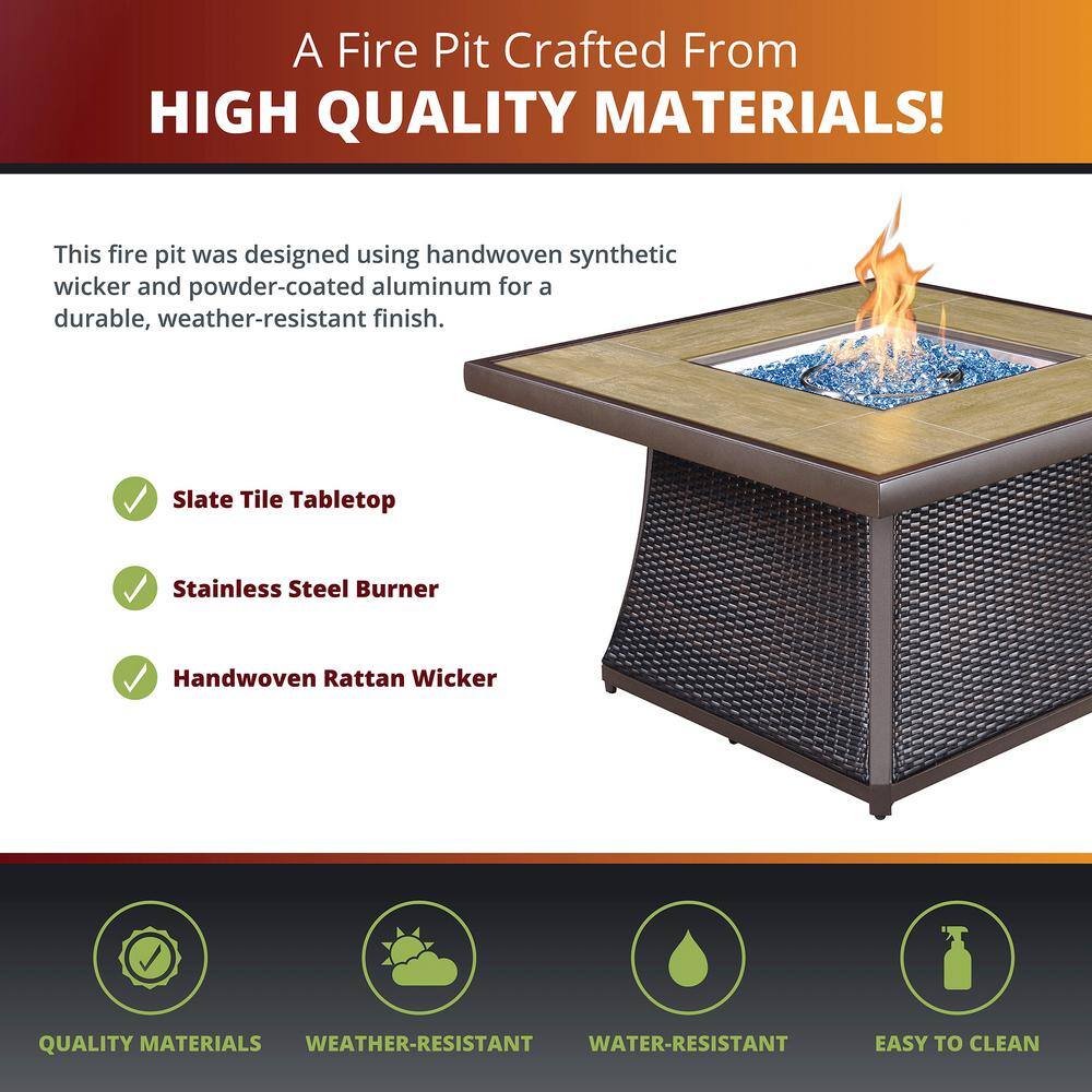 None Elio 42 in. W x 24.6 in. H Square Propane Gas Brown Aluminum Frame Rattan Wicker Tile Top Fire Pit Table