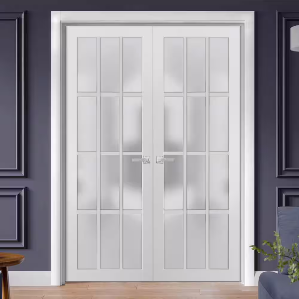 Sartodoors 3312 72 in. x 96 in. Universal Handling Frosted Glass Solid Core White Finished Pine Wood Double Prehung French Door