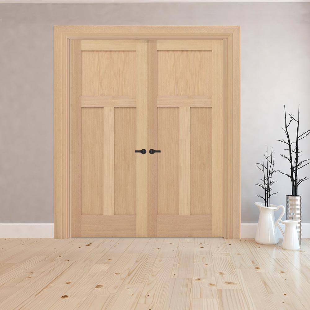 Steves & Sons 60 in. x 80 in. Universal 3-Pnl Mission Unfinished Red Oak Wood Double Prehung Interior French Door with Bronze Hinges