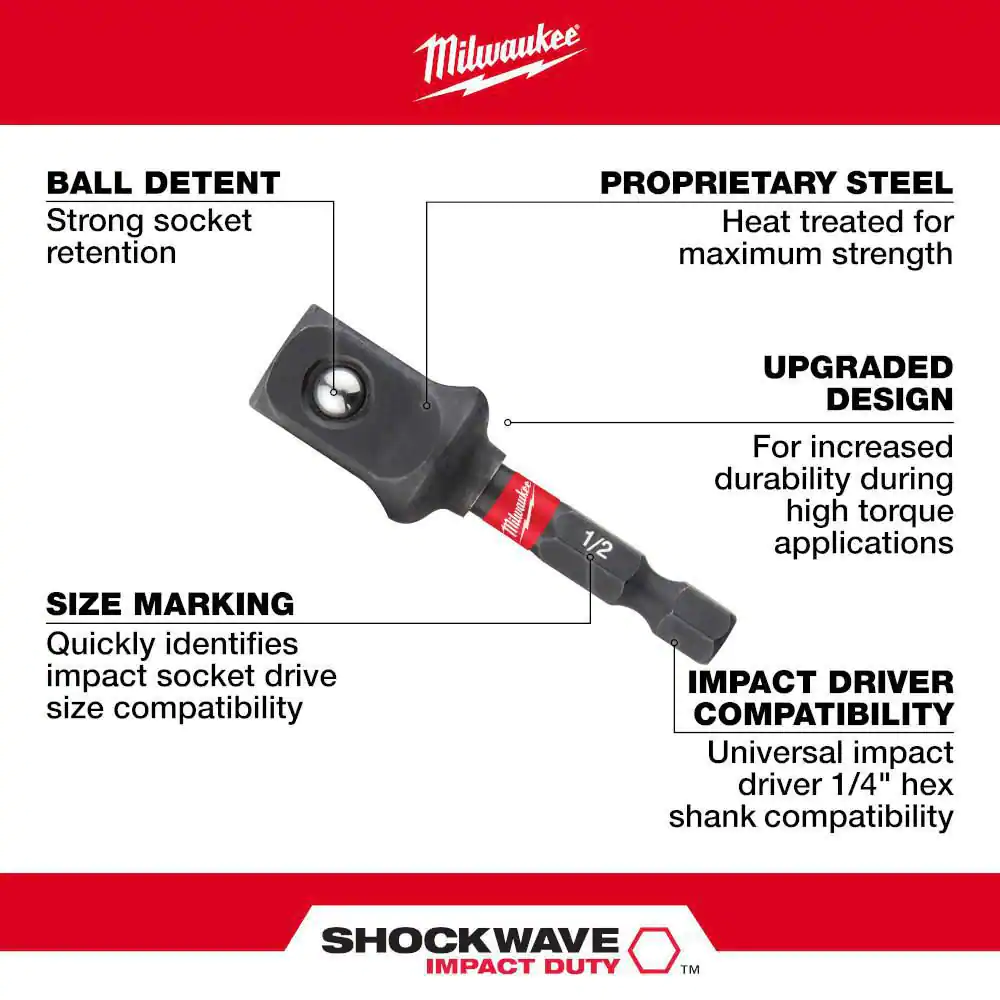 Milwaukee SHOCKWAVE Impact Duty 1/2 in. Alloy Alloy Steel Square Socket Adapter Bit