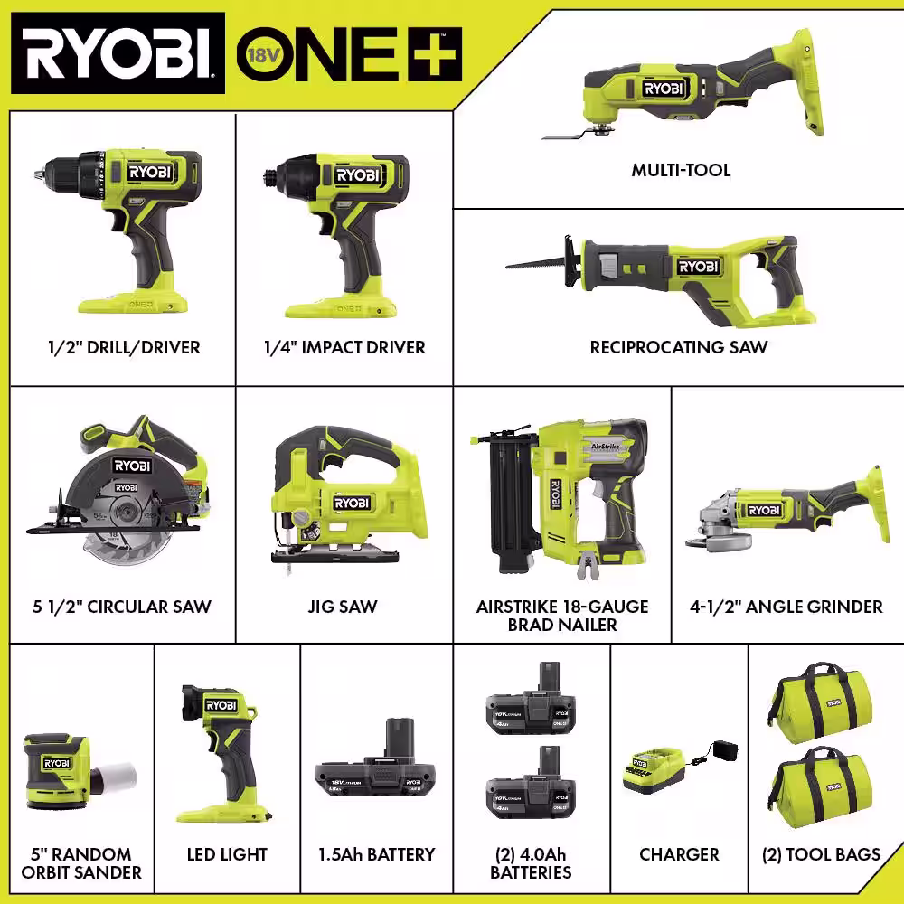 RYOBI ONE+ 18V Cordless 10-Tool Combo Kit with 1.5 Ah Battery, (2) 4.0 Ah Batteries, Charger, and FREE 2.0 Ah Battery (2-Pack)