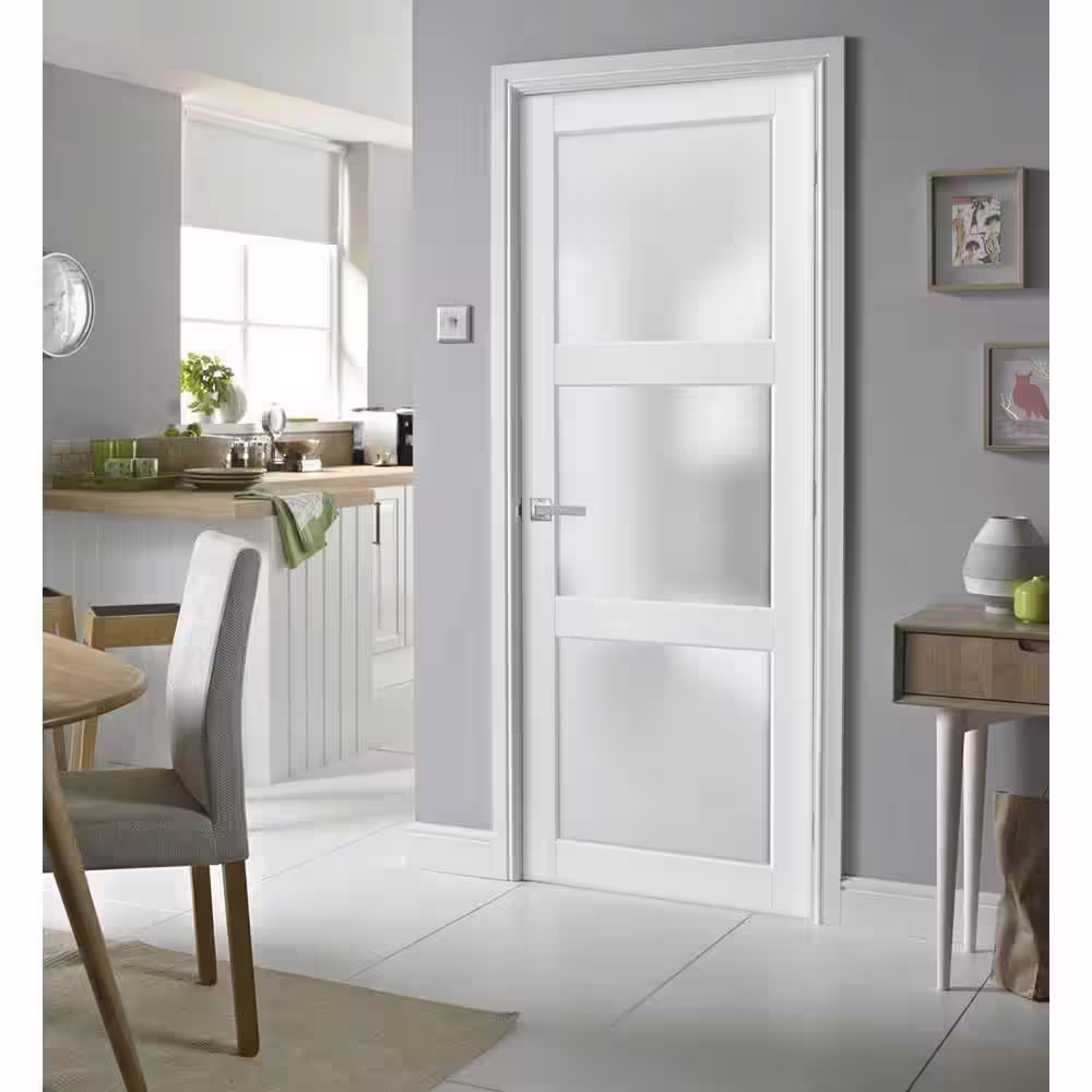 Sartodoors 2552 30 in. x 96 in. Universal Handling 3-Lite Frosted Glass Solid White Finished Pine Wood Single Prehung French Door