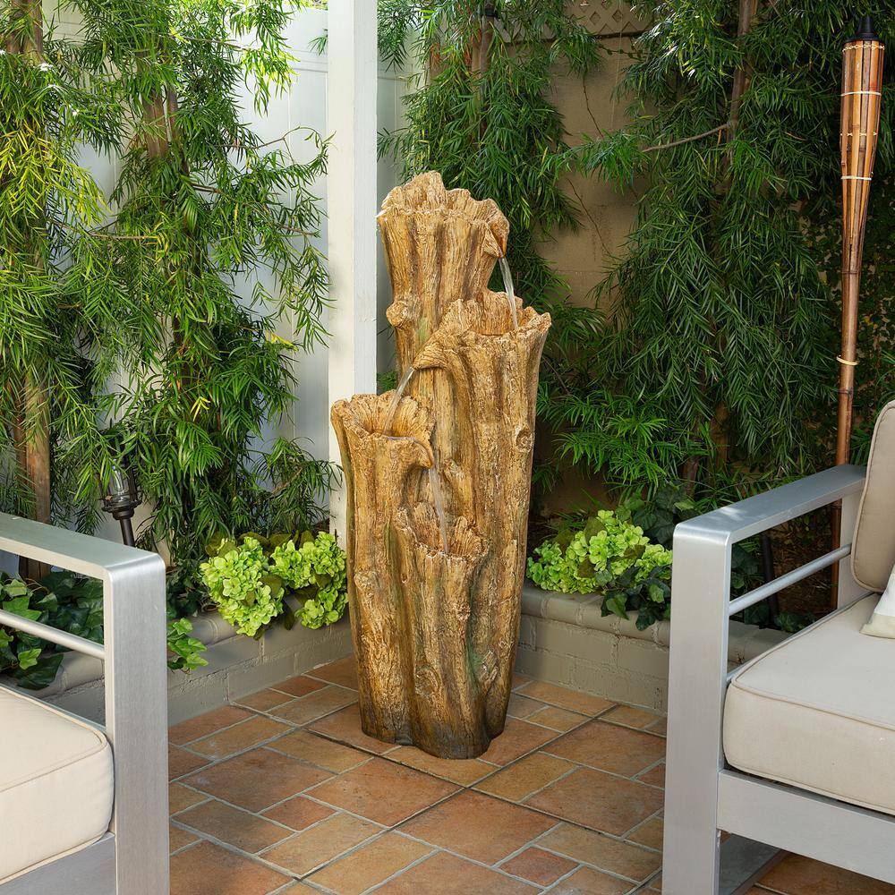 Alpine Corporation 47 in. Tall Outdoor 3-Tier Cascading Tree Bark Water Fountain with LED Lights