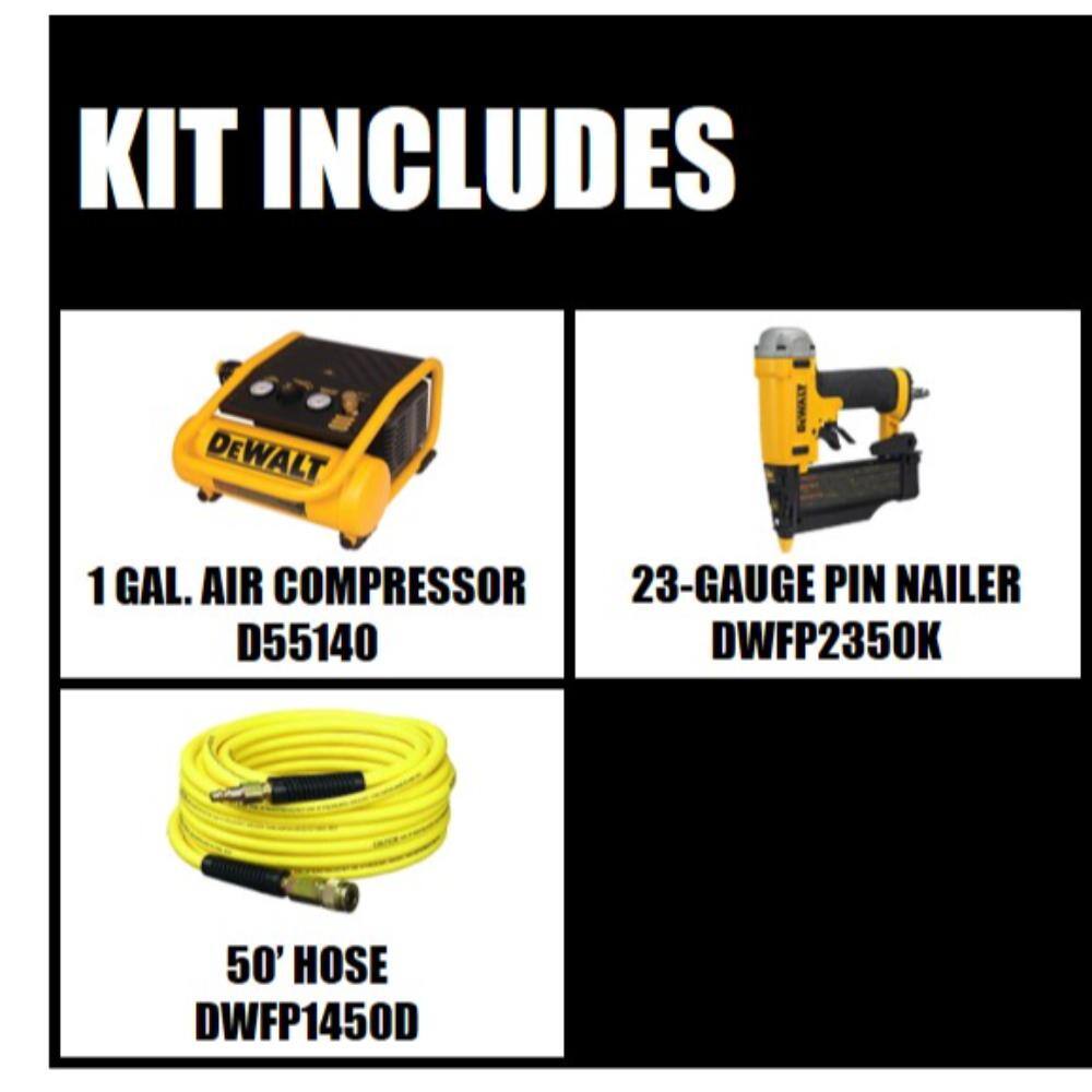 DEWALT 1 Gal. 135 PSI Portable Electric Trim Air Compressor, 23-Gauge Pneumatic 2 in. Pin Nailer and 50 ft. x 1/4 in Air Hose