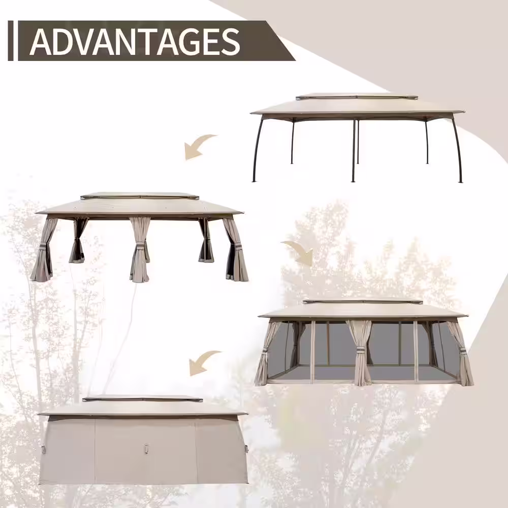 JOYSIDE 20 ft. x 10 ft. Outdoor Patio Double Vented Roof Gazebo with Beige Curtains and Mosquito Netting