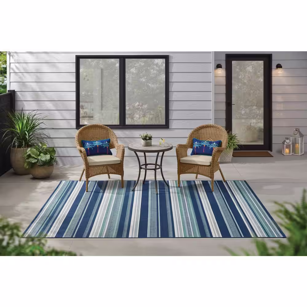 StyleWell Blue/White 9 ft. x 12 ft. Striped Indoor/Outdoor Area Rug