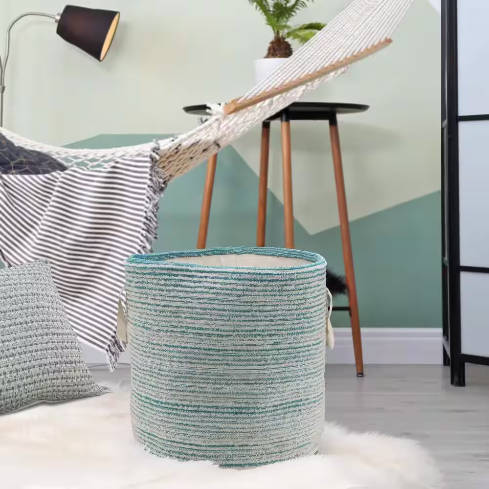 LR Home Amara Textured Cotton Aqua Blue / White Distressed Decorative Storage Basket