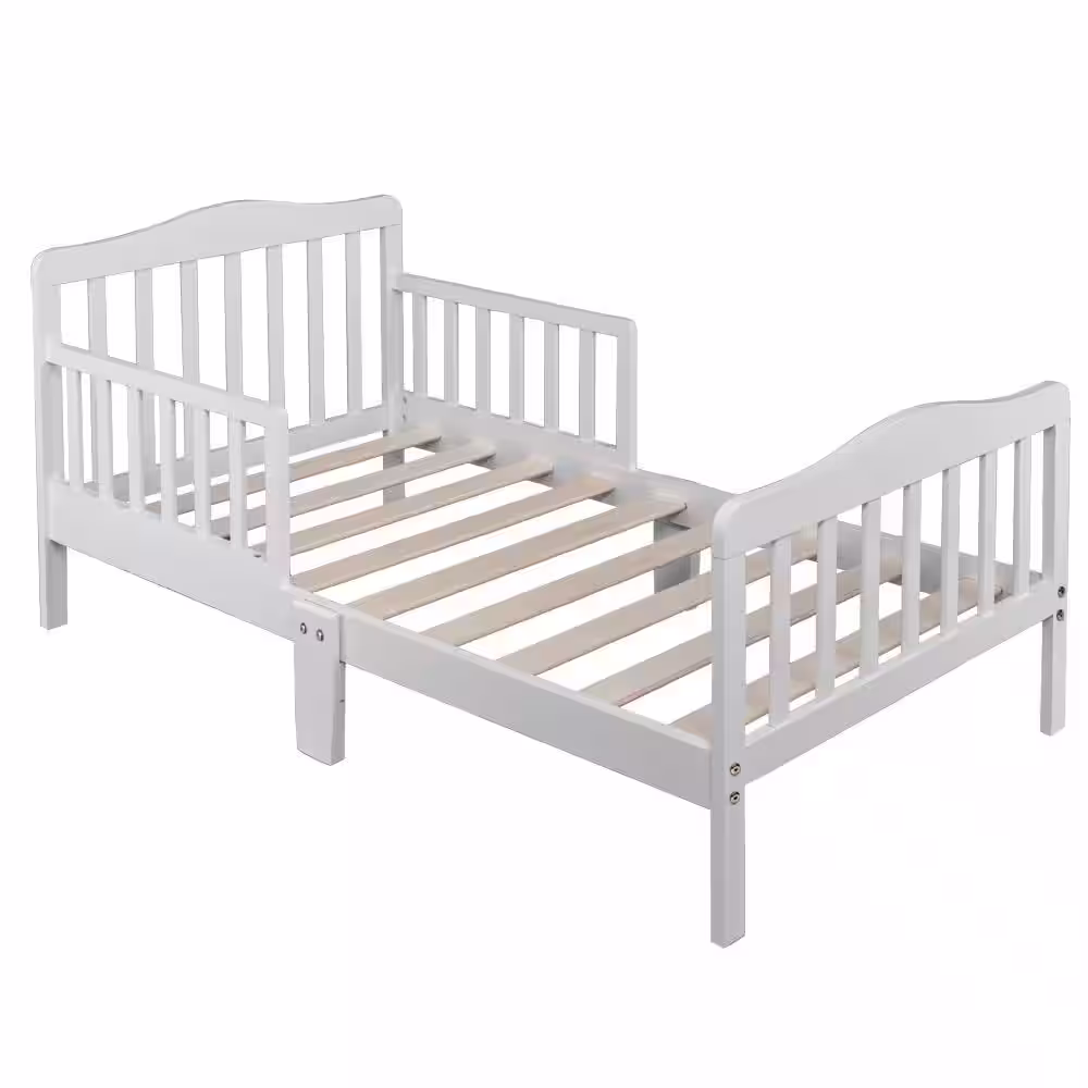 None White Toddler Bed Frame with Safety Guardrails