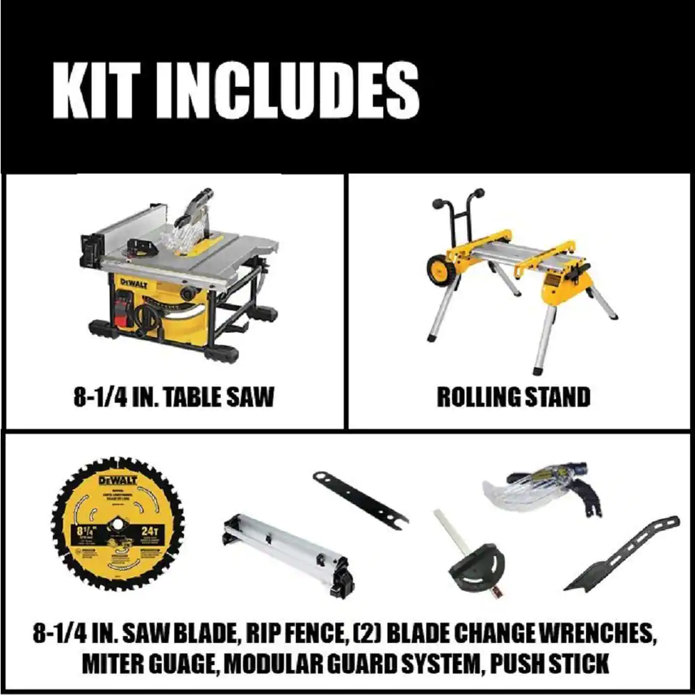 DEWALT 15 Amp Corded 8-1/4 in. Compact Jobsite Table Saw and Heavy-Duty Rolling Table Saw Stand
