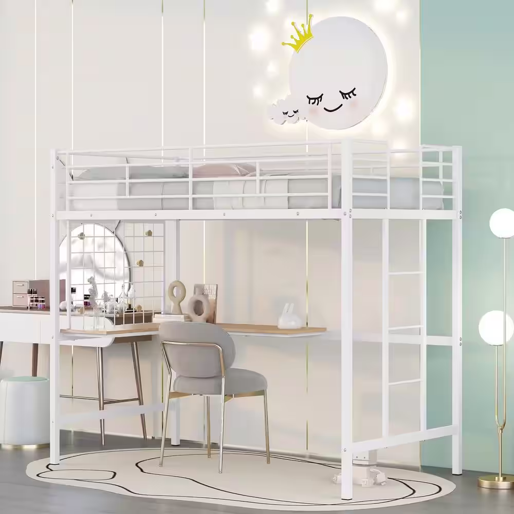 None White Twin Size Metal Loft Bed with Desk and Metal Grid, Space-Saving Loft Bed Frame With Ladder for Kids, Teens
