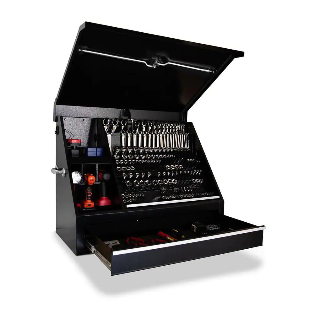 Montezuma 37 in. W x 18 in. D 1-Drawer Black Steel Portable Shop Triangle Tool Box Chest for Sockets, Wrenches and Screwdrivers