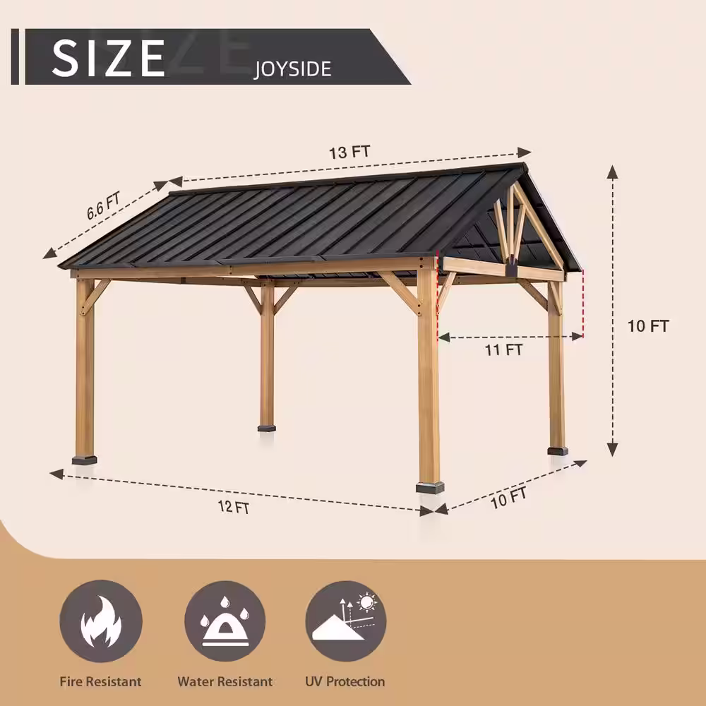 None 13 ft. x 11 ft. Spruce Wood Frame Hardtop Outdoor Patio Gazebo with Galvanized Steel Roof and Ceiling Hook