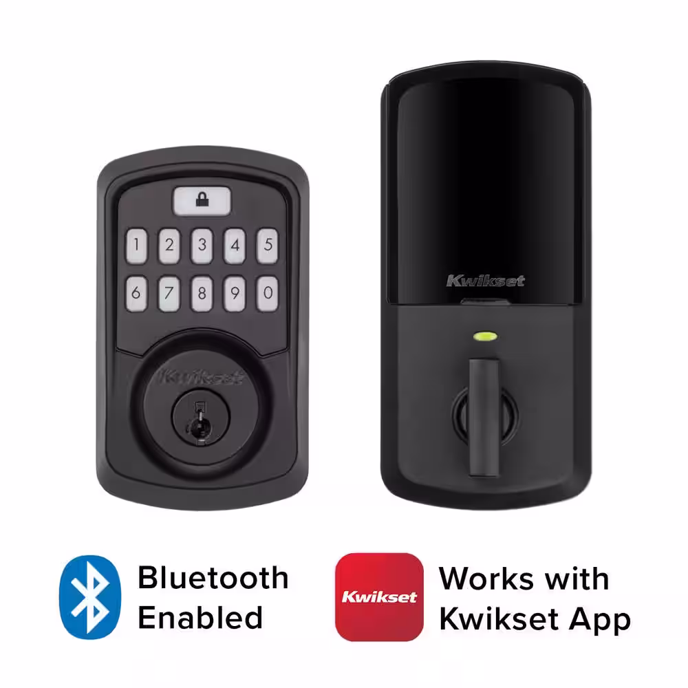 Kwikset Aura Matte Black Single Cylinder Electronic Bluetooth Keypad Smart Lock Deadbolt featuring SmartKey Security