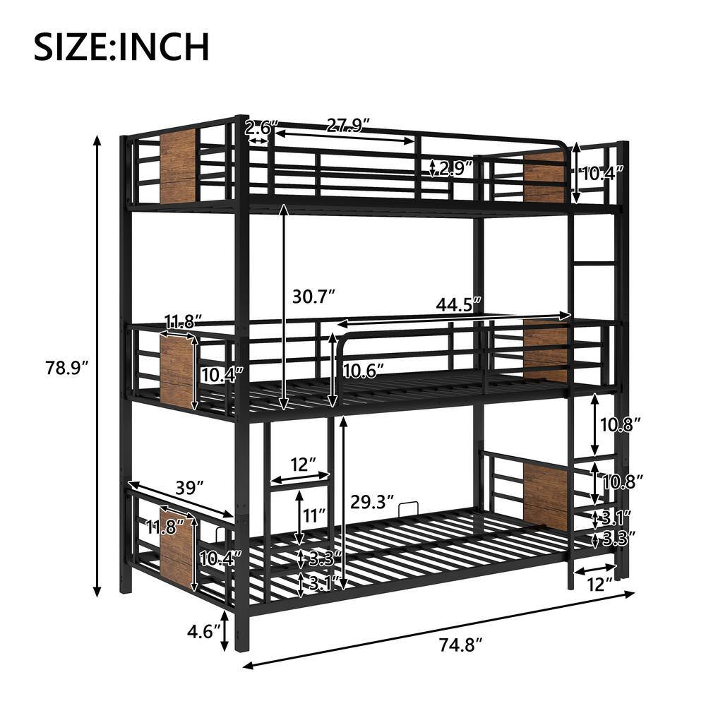 Harper & Bright Designs Brown Twin Size Metal Triple Bunk Bed with Wood Decoration