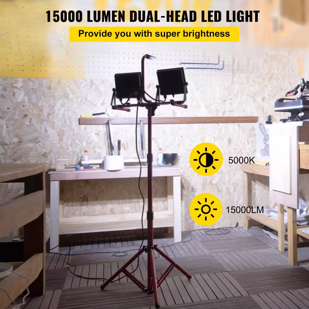 VEVOR LED Work Light 15000 Lumens IP65 Dual-head Handheld Jobsite Lighting with Adjustable Foldable Tripod Stand