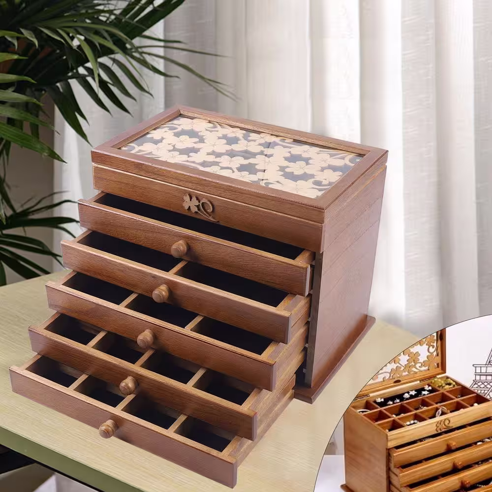 YIYIBYUS 6-Layer Wood Vintage Style Jewellery Box with Four-leaf Carved Lid