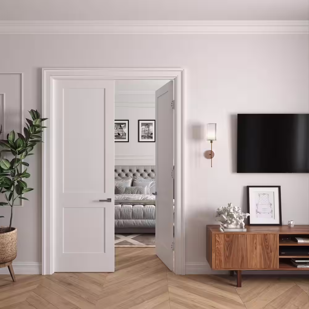 RESO 48 in. x 96 in. Bi-Parting Solid Core Primed White Composite Wood Double Pre-hung interior French Door Matte Black Hinge