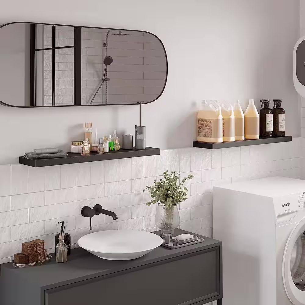 None 31 in. W x 7 in. D x 2 in. Black Decorative Wall Shelf, Set of 2