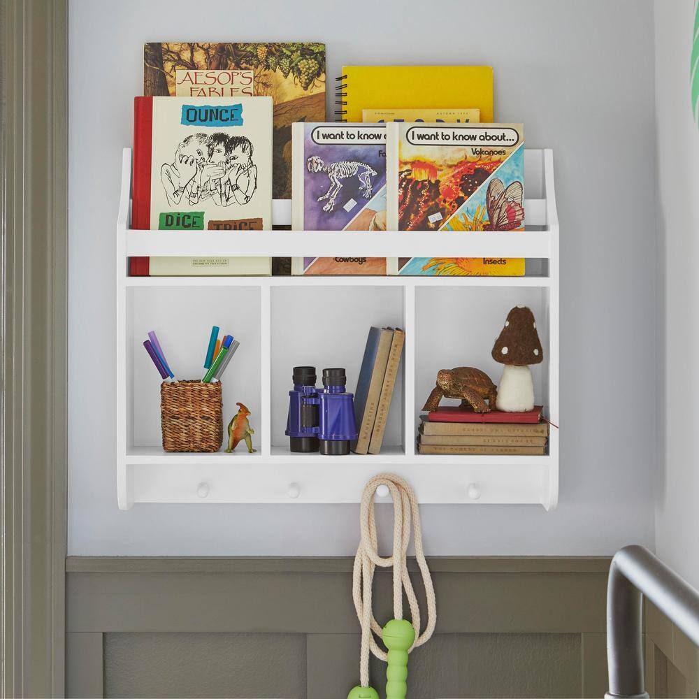 StyleWell Kids Tiered White Wood Wall Bookshelf with Hooks