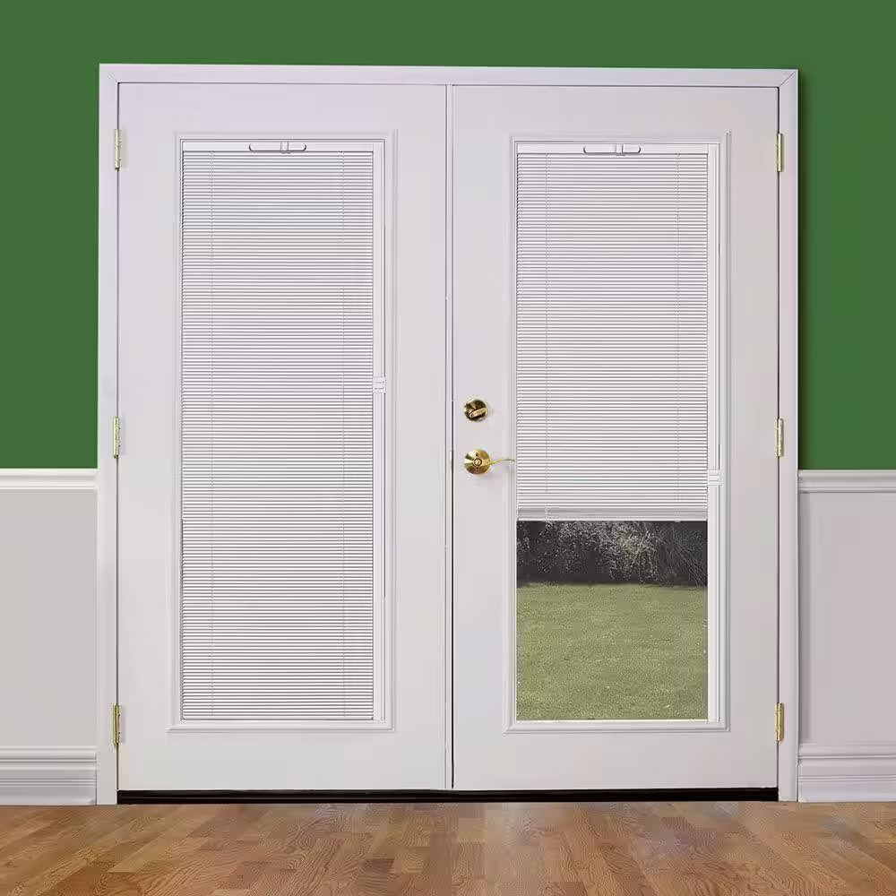 Masonite 72 in. x 80 in. Primed White Fiberglass Prehung Right-Hand Inswing Mini Blind Patio Door w/ Brickmold, Vinyl Frame