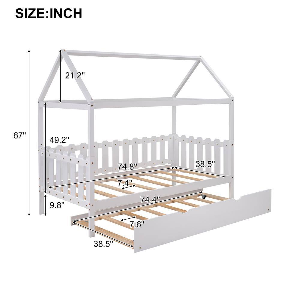Harper & Bright Designs White Twin Size Wood House Bed with Trundle and Fence-Shaped Guardrail