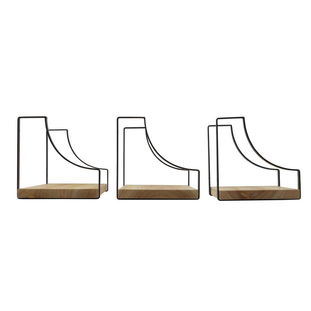 Melannco 4.38-in w x 18-in l x 4.5-in h-Natural Pine Floating Wood & Metal Curve Decorative Wall Shelf, Set of 3 without Brackets