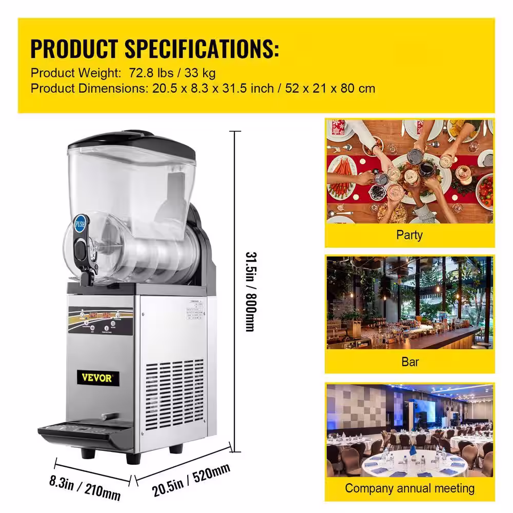 VEVOR 527 oz. Silver Slushy 15 L Tank Commercial Margarita Machine 500-Watt Stainless Steel Snow Cone Machine