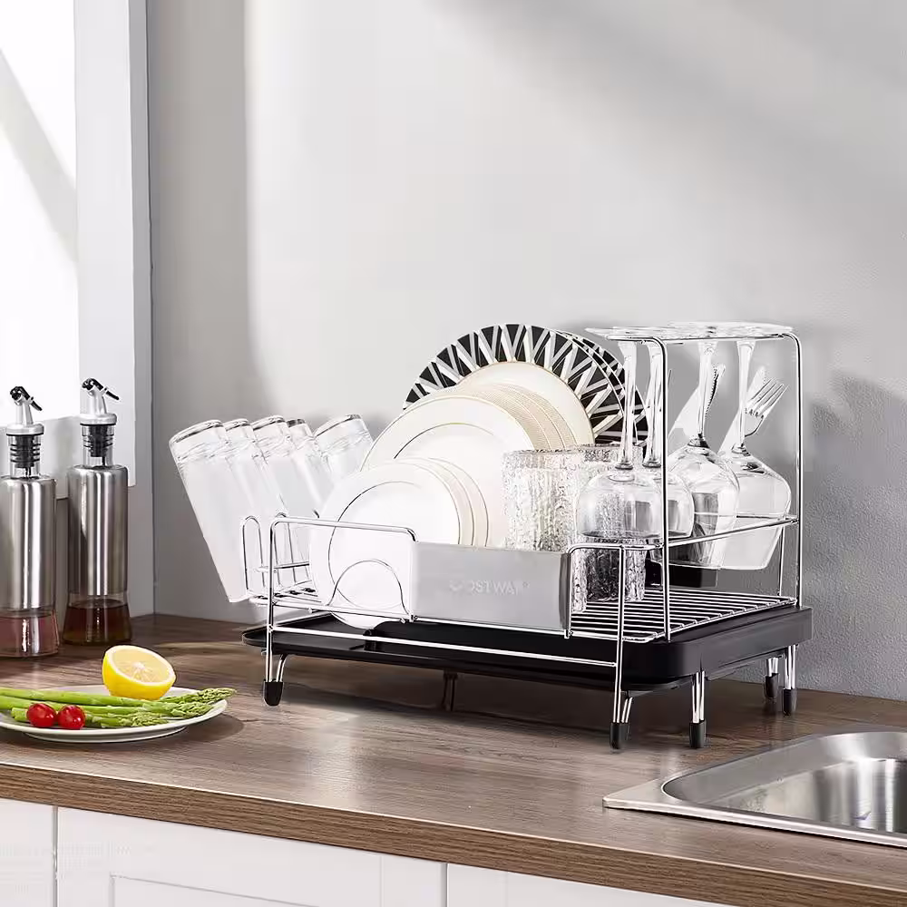 Costway Dark Grey Aluminum Expandable Drying Dish Rack w/Drainboard & Rotatable Drainage Spout