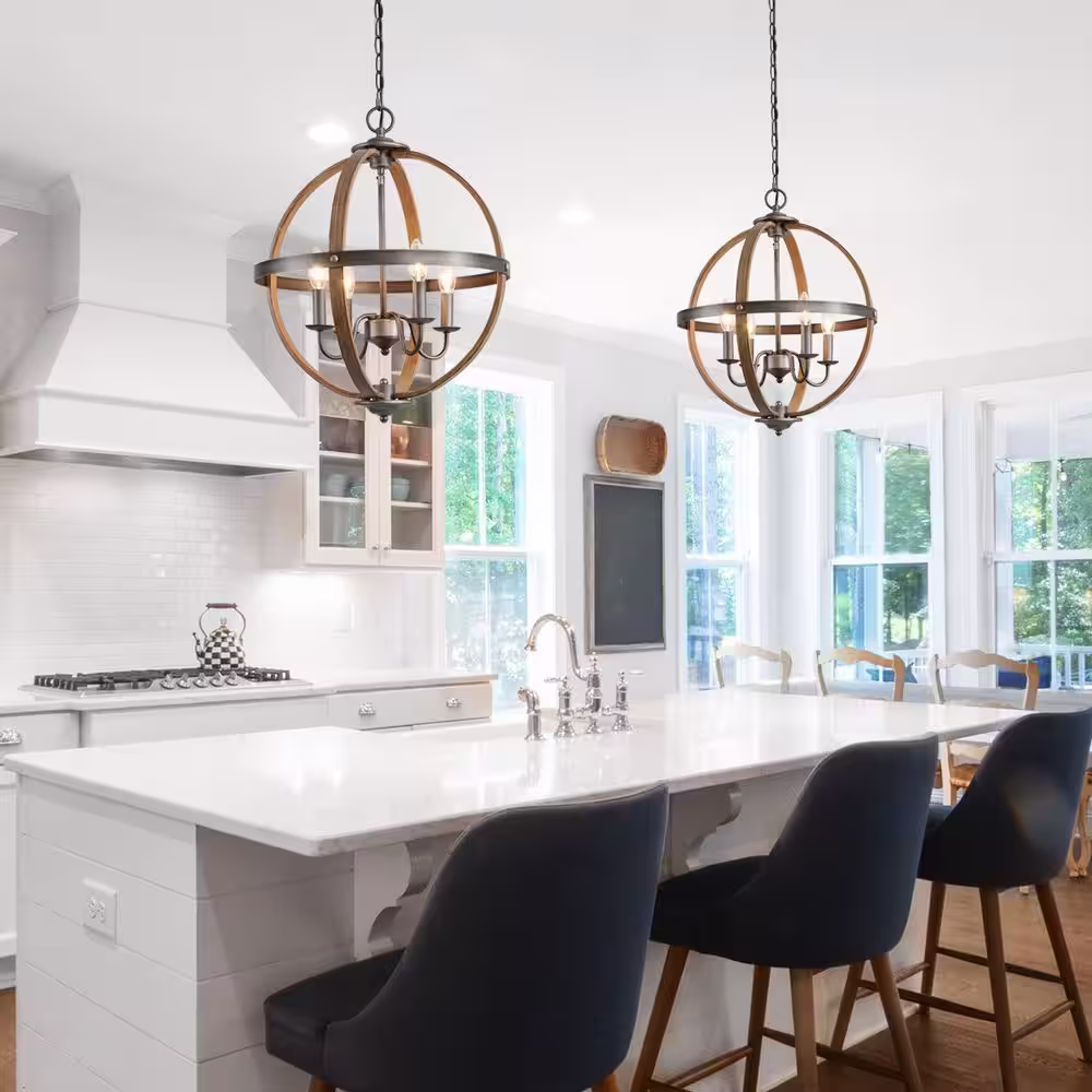 LNC Rustic Globe Candlestick Brushed Silver Chandelier 4-Light Island Farmhouse Cage Pendant Chandelier with Wood Accents