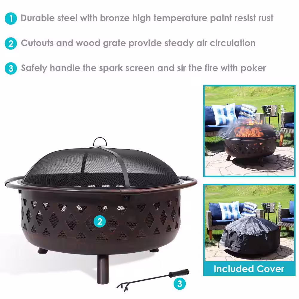 Sunnydaze Decor Cross Weave 36 in. x 24 in. Large Round Steel Wood Burning Fire Pit in Bronze with Spark Screen