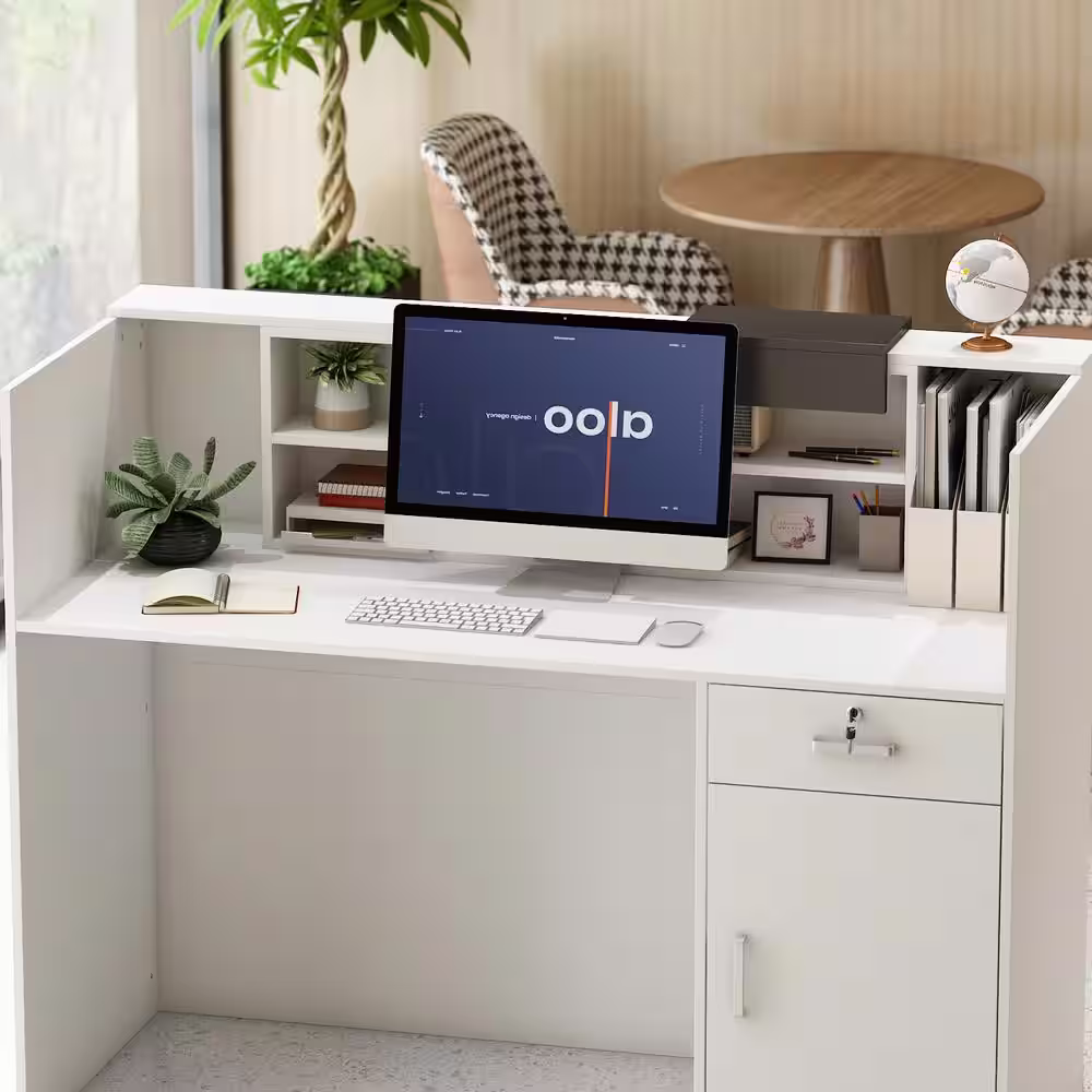 None 55.1 in. W x 23.6 in. D White MDF Computer Desk with 6-Storage Shelves, 1-Drawer and 1-Cabinet