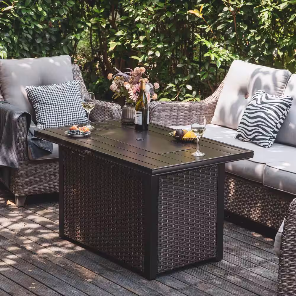 Nuu Garden 44 in. Aluminum Wicker Propane Gas Fire Pit Table, 50000 BTU, Brown