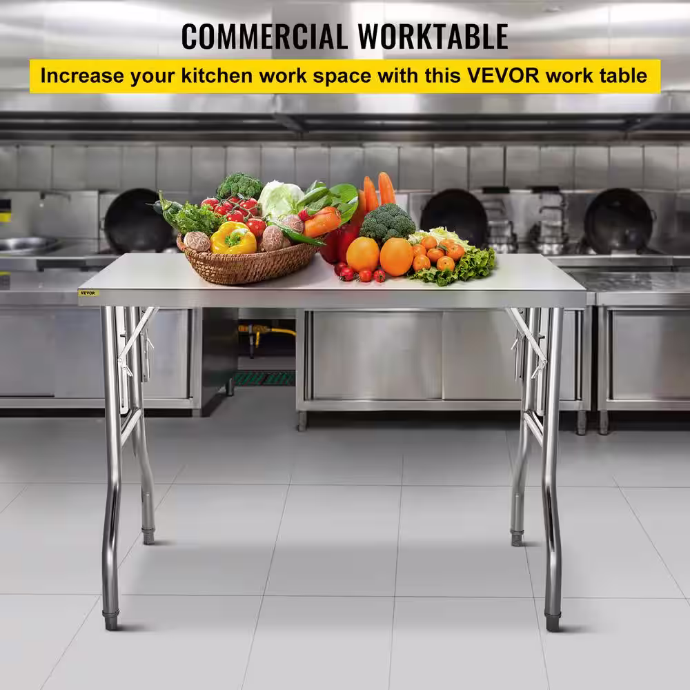 VEVOR Silver Stainless Steel Table 48 x 30 in. Heavy-duty Folding Table with 220 lb. Load Kitchen Utility Table for Restaurant