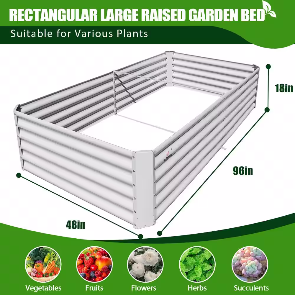 None Outdoor 8 ft. x 4 ft. x 1.5 ft Rectangular Metal Galvanized Raised Garden Bed in White For Vegetables and Flowers