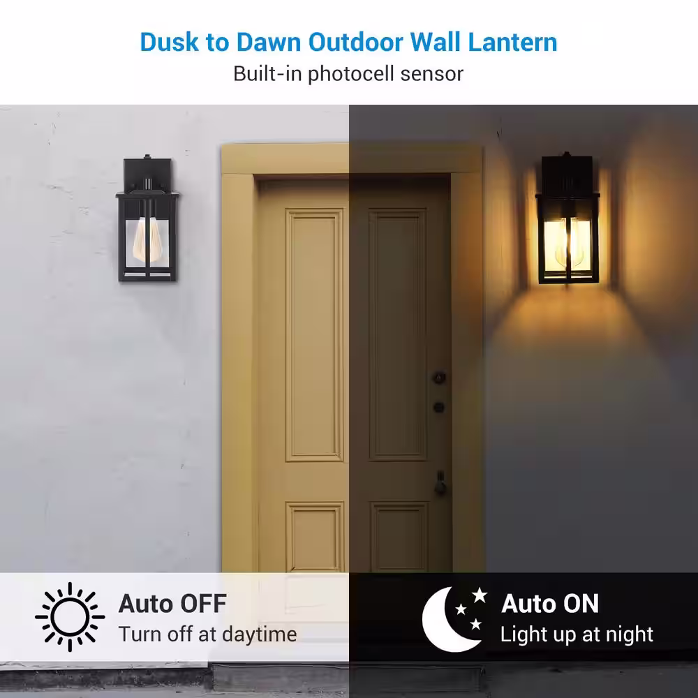 None Black Dusk to Dawn Outdoor Hardwired Wall Lantern Sconce with No Bulbs Included