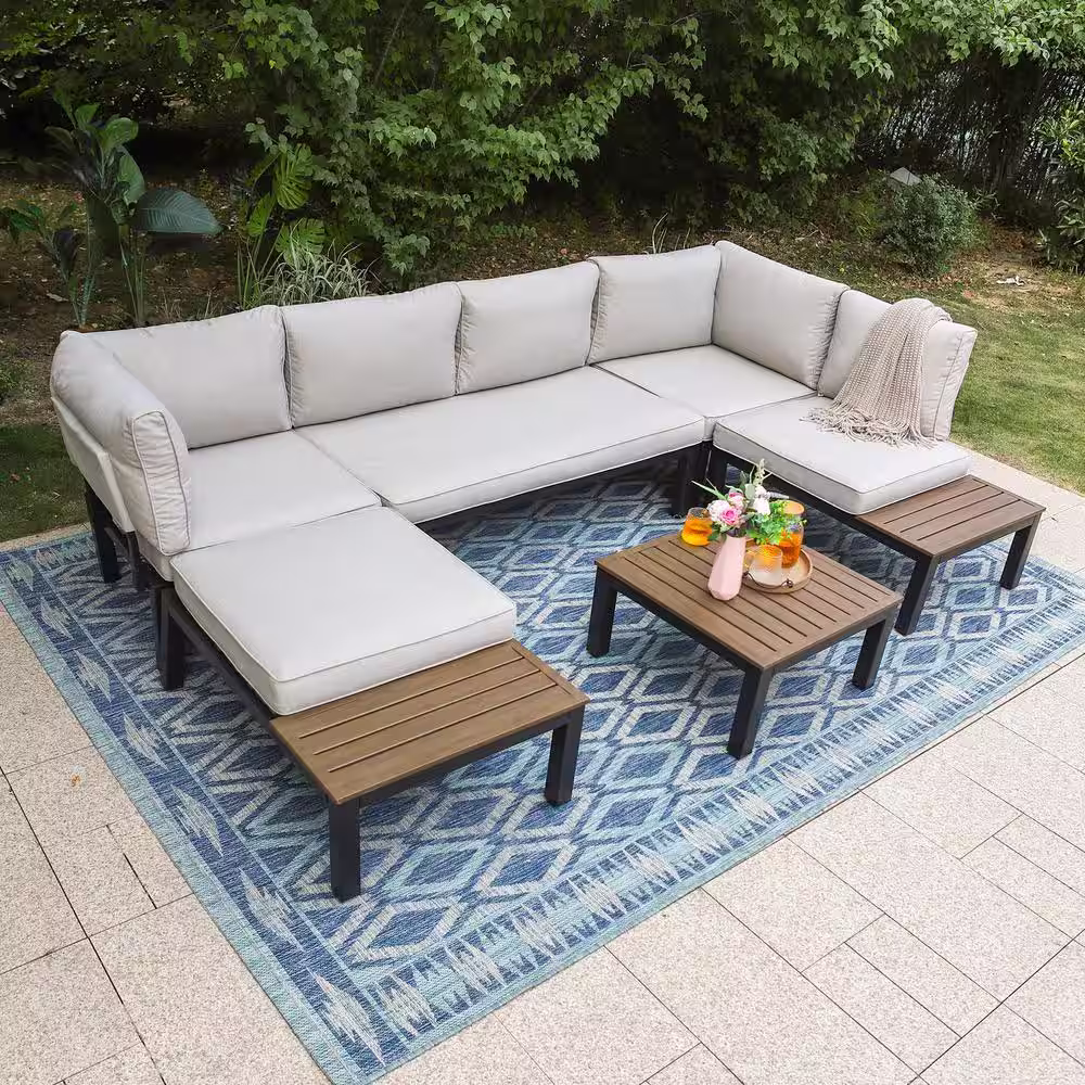 PHI VILLA Black 6-Piece Outdoor Black Steel Conversation Set with Light Beige Cushions