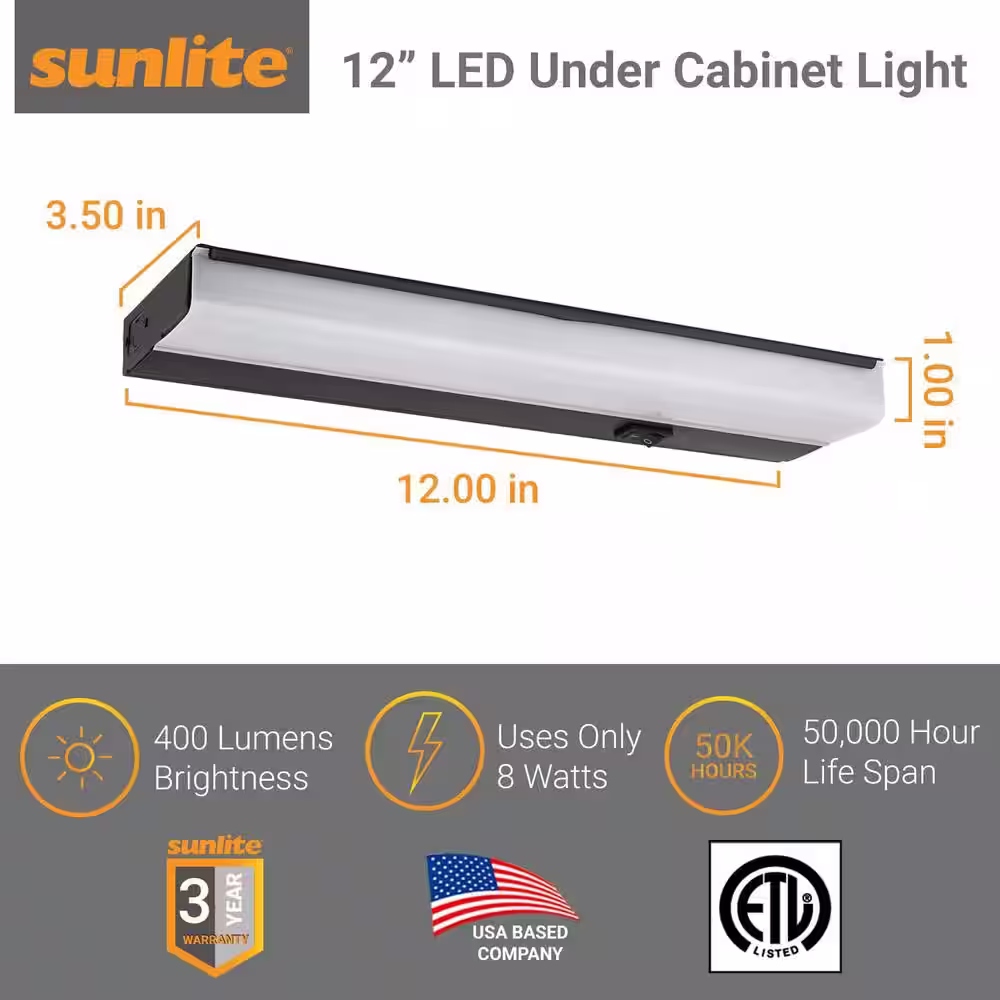 Sunlite Hardwired 12 in. LED Black Dimmable 90 CRI Under Cabinet Light Fixture in Warm White 3000K